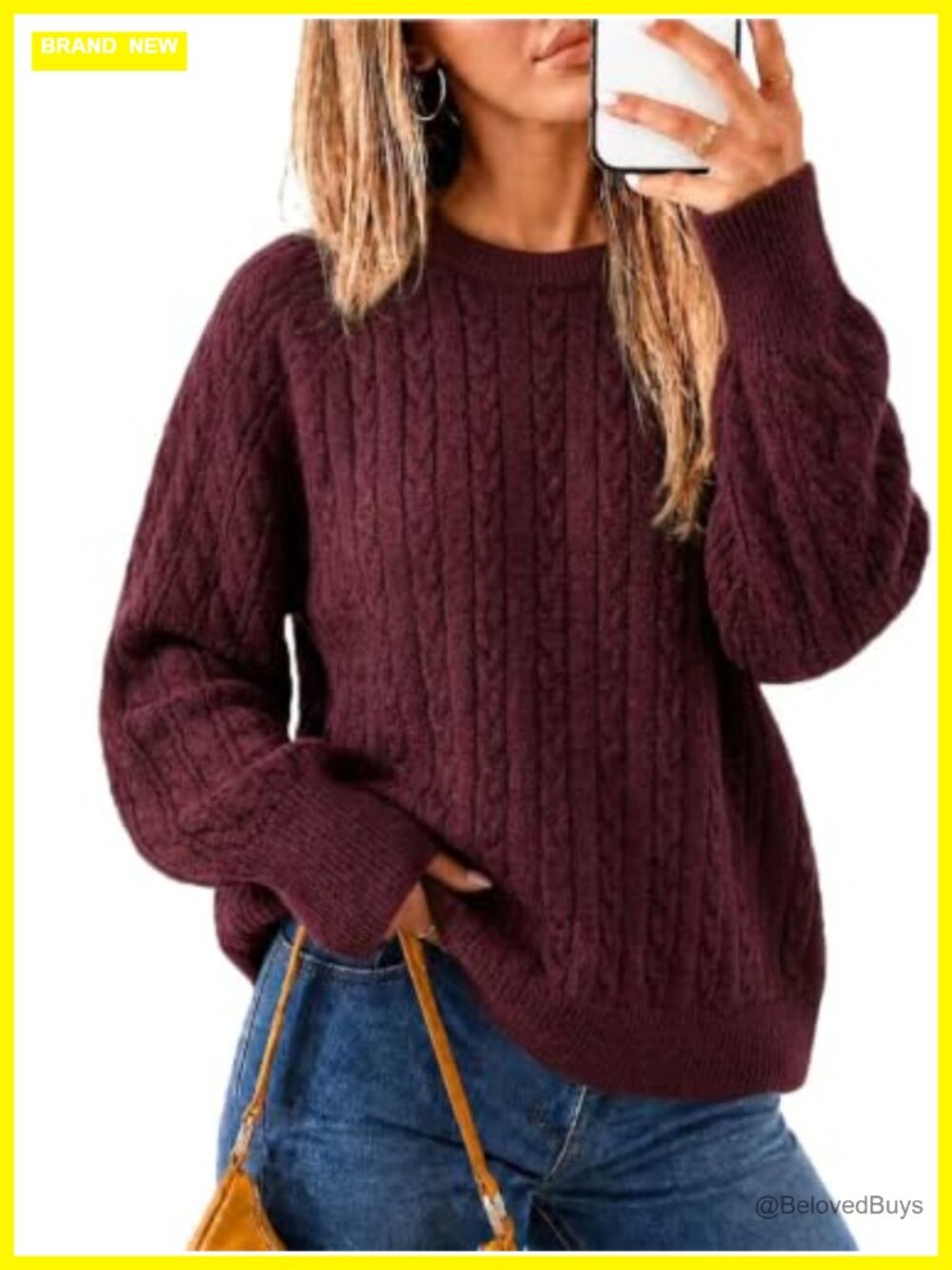 Oversized Cable Knit Sweater Crewneck Pullover Long Sleeve Fall Winter